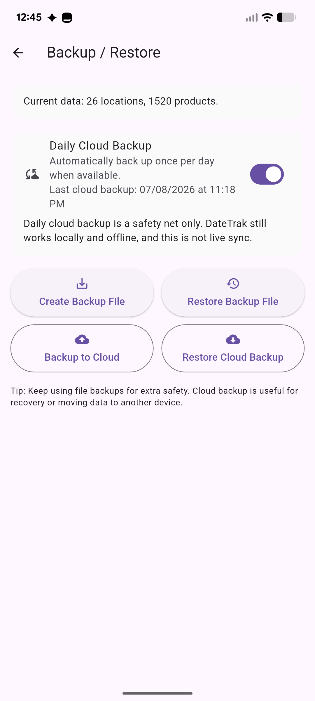 DateTrak cloud backup and restore screen