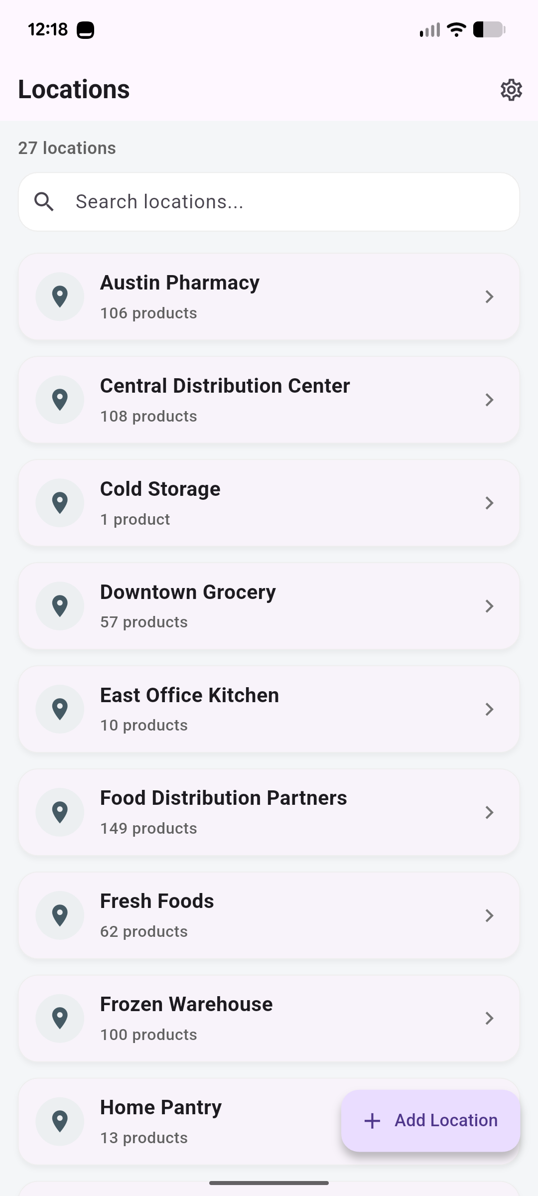 DateTrak locations screen