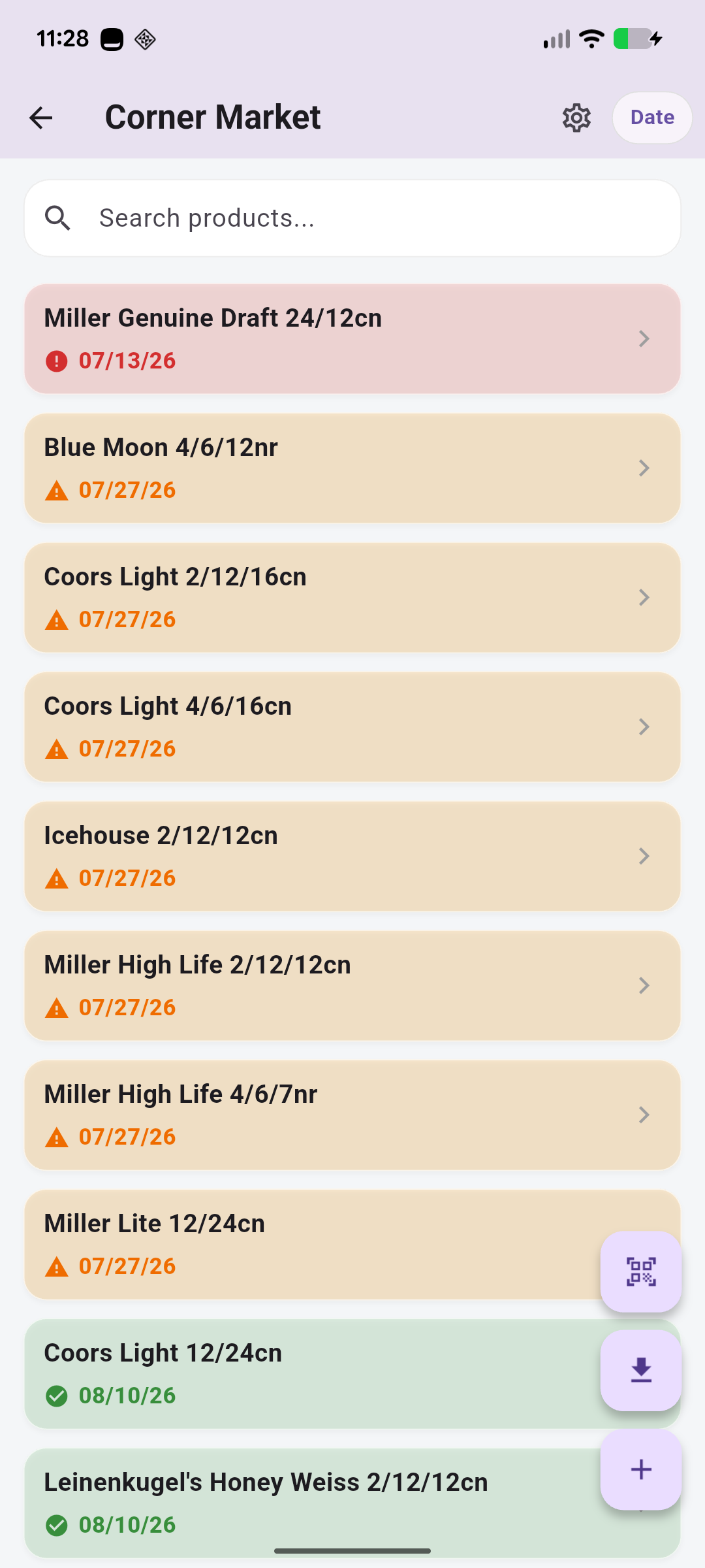 DateTrak product list sorted by expiration date