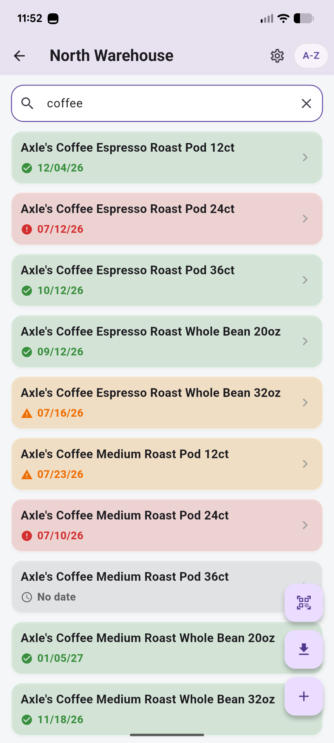 DateTrak product search and alphabetical sorting screen
